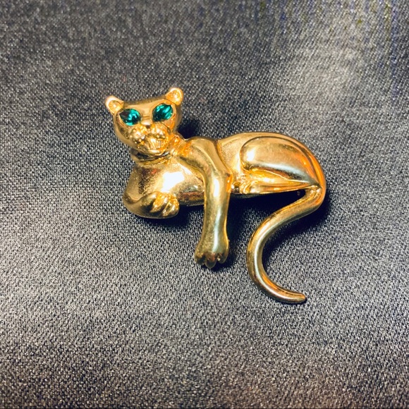 D’Orlan Paris Cat Green Swarovski Crystal Eyes Pin - Picture 2 of 4